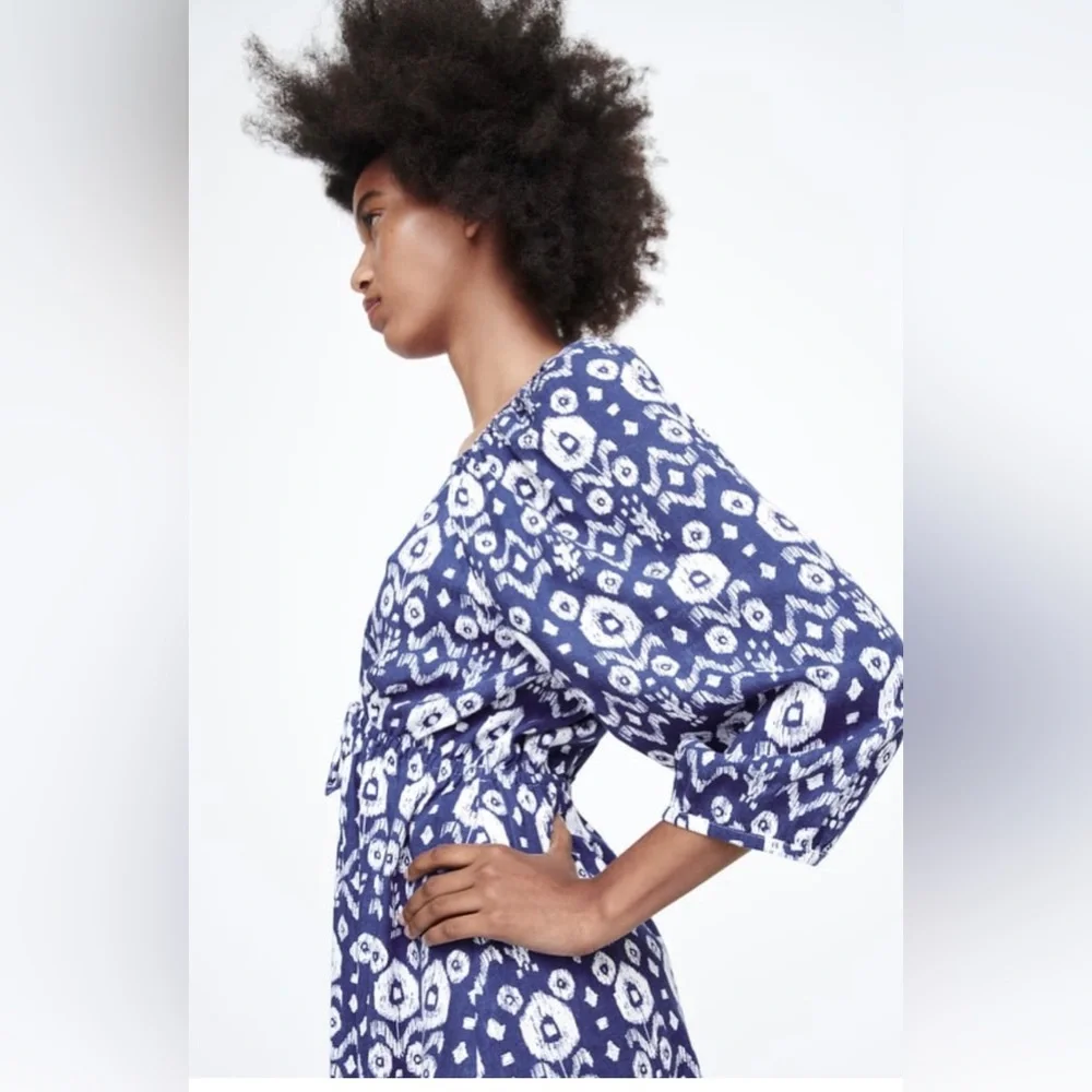 Zara Plunging Neck Royal Blue Print 1/2 Sleeves Short Linen Blend Romper ✨